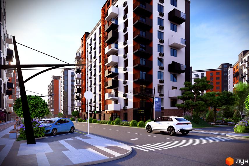 Житловий комплекс СКАНДИНАВІЯ: фасади будівель з білою та помаранчевою цеглою, балконами та паркуванням біля дороги.