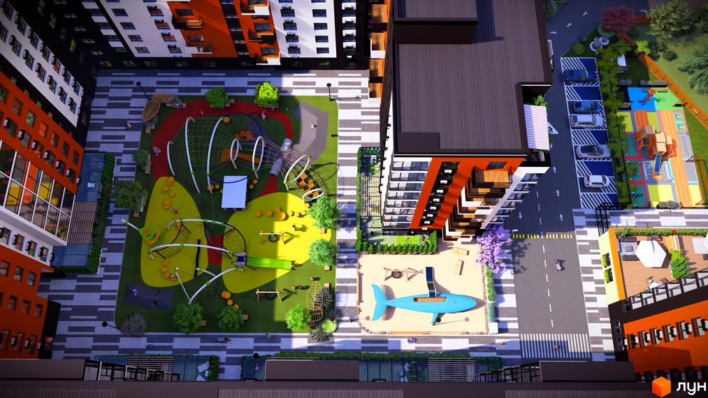 Зображення ЖК СКАНДИНАВІЯ: багатоповерховий будинок з помаранчевим фасадом, дитячий майданчик з гірками та гойдалками, парковка для автомобілів.