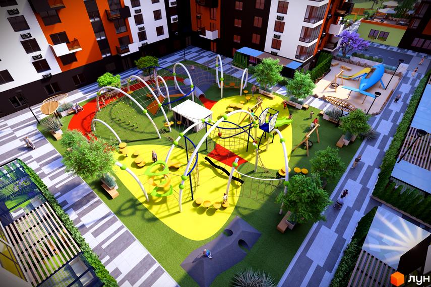 Житловий комплекс СКАНДИНАВІЯ: сучасний дитячий майданчик з гірками, гойдалками та лазаннями на фоні багатоповерхових будинків.
