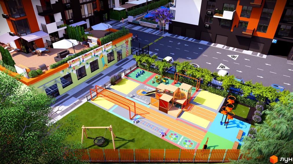 Житловий комплекс СКАНДИНАВІЯ: сучасна новобудова з яскравим дитячим майданчиком та зоною відпочинку на даху.