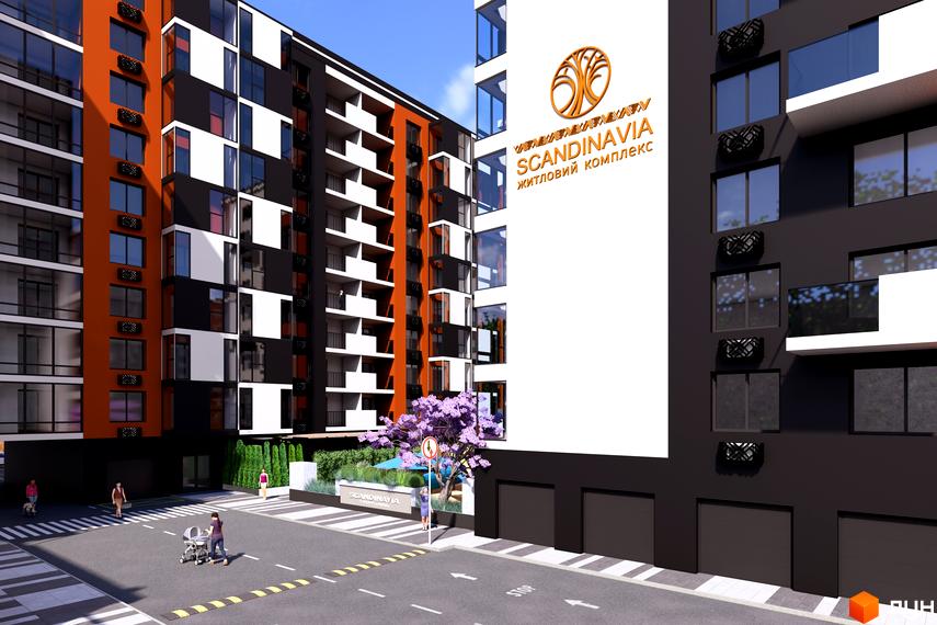 Житловий комплекс SCANDINAVIA з яскравим фасадом та прибудинковою територією з деревами та зонами відпочинку.