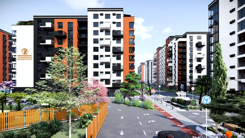 Багатоповерховий будинок ЖК СКАНДИНАВІЯ з фасадом в білих, чорних та помаранчевих кольорах. На прибудинковій території є дерева, дорога та паркан.