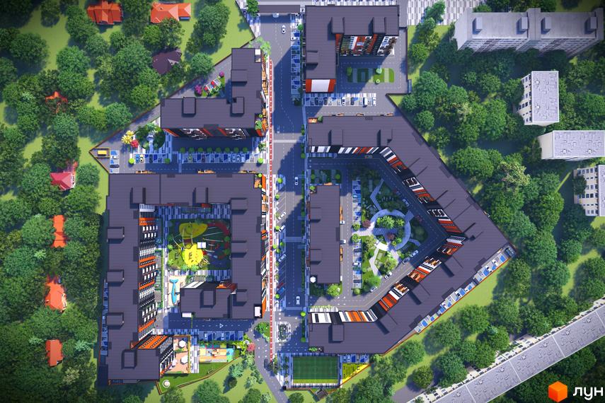 Вид зверху на житловий комплекс СКАНДИНАВІЯ з багаторівневими будинками та упорядкованою прибудинковою територією з дитячими майданчиками та зонами відпочинку.