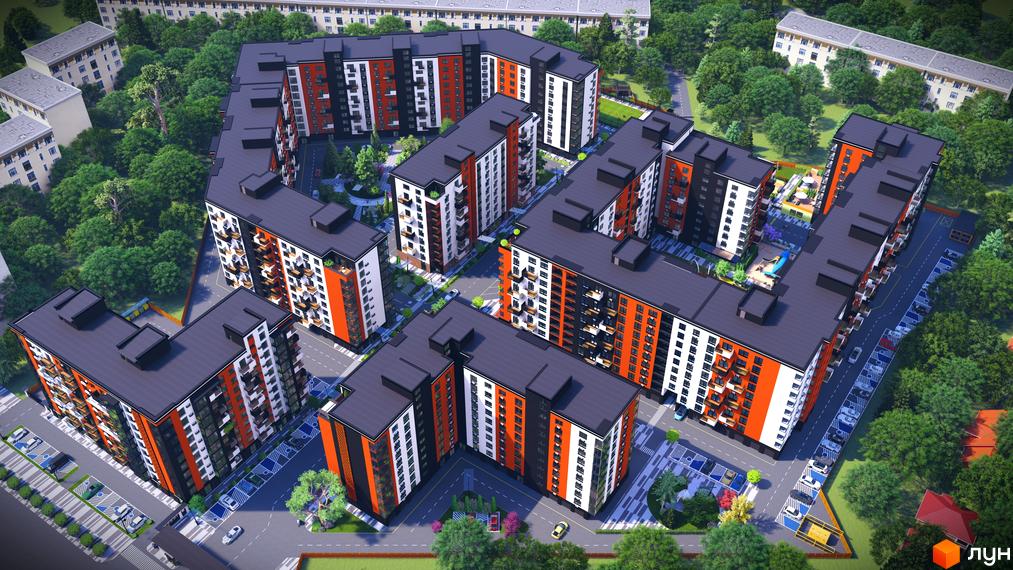 Житловий комплекс СКАНДИНАВІЯ: багатоповерхові будинки з помаранчевими та білими фасадами, велика прибудинкова територія з деревами та парковкою.