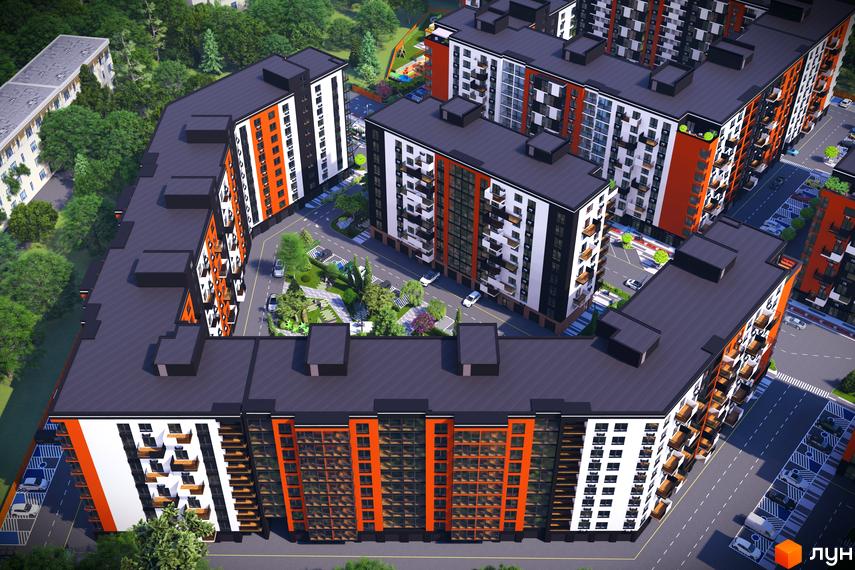 Житловий комплекс СКАНДИНАВІЯ: багатоповерхові будинки з помаранчевими та білими фасадами, велика прибудинкова територія з парковками та зеленими насадженнями.