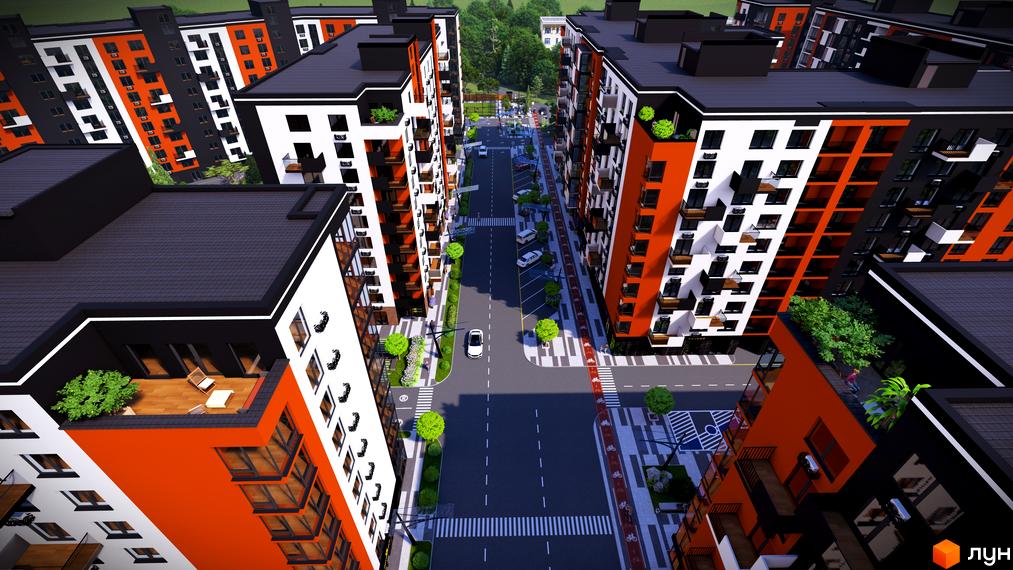 Житловий комплекс СКАНДИНАВІЯ: фасади будинків з помаранчевими та білими елементами, зелені зони та дорога з велодоріжками.