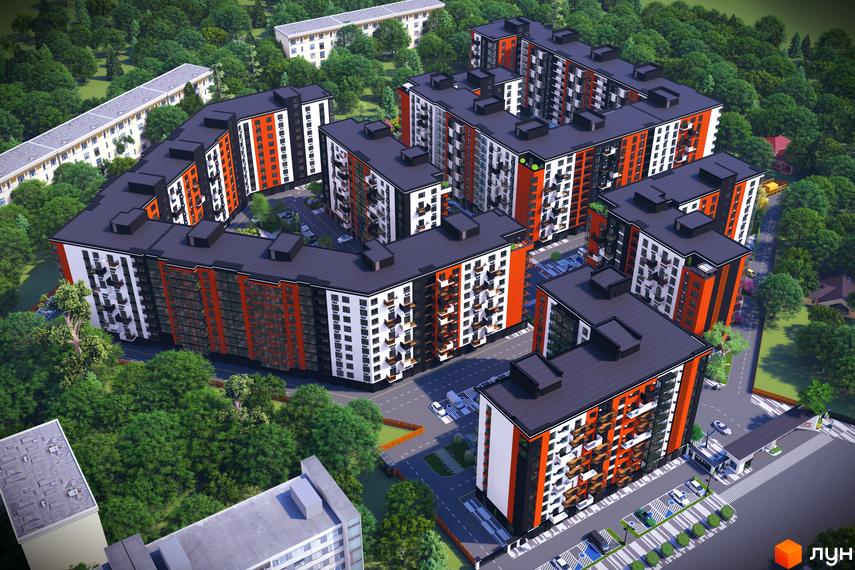 Високоповерхова новобудова ЖК СКАНДИНАВІЯ з фасадом в помаранчевих та білих тонах, з темним дахом. На прибудинковій території є парковка та зелені насадження.