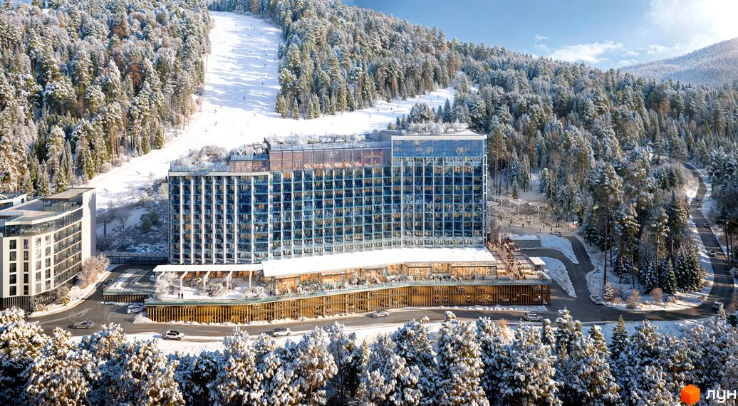 Апарт-комплекс Mountain Residence на тлі засніженого гірськолижного схилу та лісу. Будівля має багатоповерхову структуру з численними вікнами та балконами, а перед нею розташована зона відпочинку та дороги.