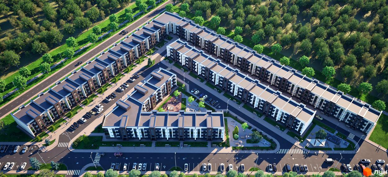 Зображення багатоповерхових будинків ЖК Bavaria з парковками та зеленими зонами. На території комплексу є дитячий майданчик та алеї для прогулянок.