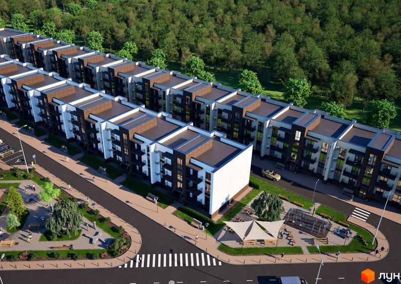 Житловий комплекс Баварія з сучасними будинками з білими фасадами та коричневими дахами. На території є дитячий майданчик, зелені насадження та місця для відпочинку.