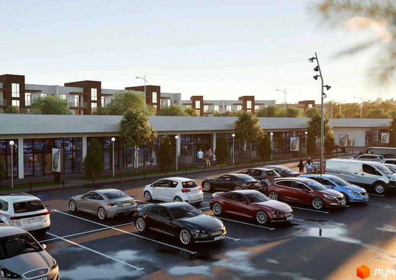 Житловий комплекс Баварія з паркінгом та комерційними приміщеннями на першому поверсі. Архітектура з чіткими лініями, великі вікна, поруч дерева.