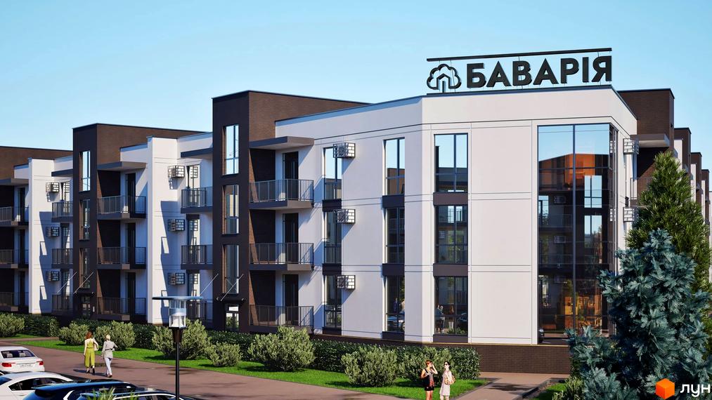 Житловий комплекс Баварія: білосніжний будинок з панорамними вікнами та балконами, зелені насадження біля будинку, парковка для автомобілів.
