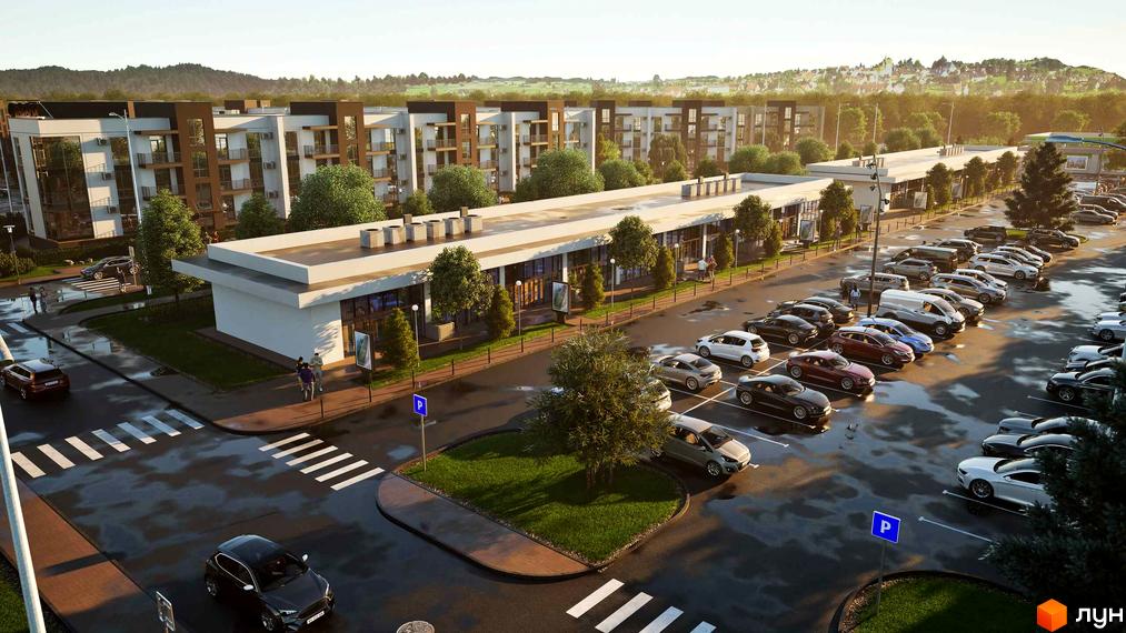 Зовнішній вигляд житлового комплексу Баварія з парковкою та зеленими зонами. Сучасна архітектура новобудови та доглянута прибудинкова територія.