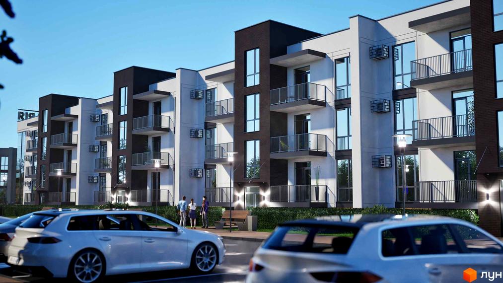 Зовнішній вигляд новобудови ЖК Bavaria з балконами та вікнами, прибудинкова територія з автомобілями та людьми.