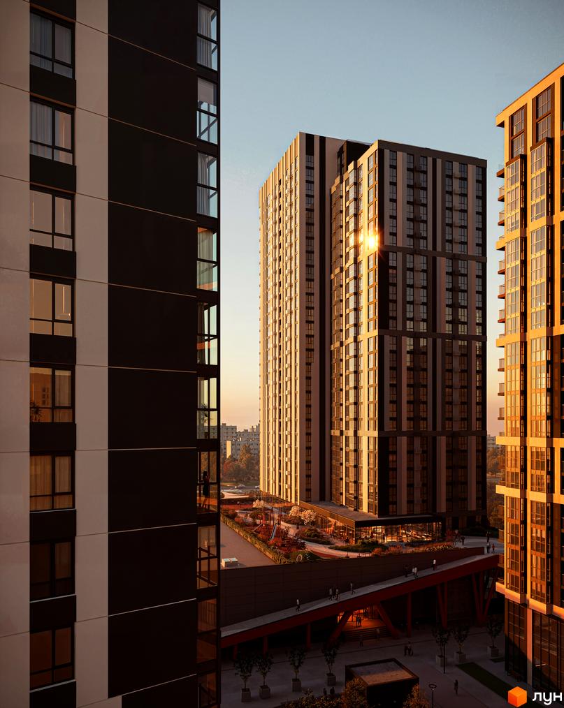Житловий комплекс Avalon Up: сучасні висотні будинки з панорамними вікнами та балконами, упорядкована прибудинкова територія з дитячим майданчиком та зонами відпочинку.