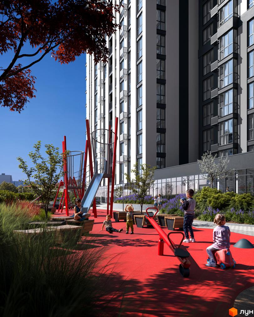 Житловий комплекс Avalon Up з дитячим майданчиком та зоною відпочинку. Сучасна архітектура новобудови та упорядкована прибудинкова територія.