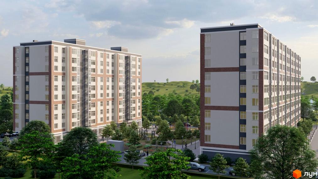 Житловий комплекс Центр - це багатоповерхові будинки з цегляним оздобленням та великою кількістю вікон. На прибудинковій території розташовані дитячі майданчики та зелені зони.