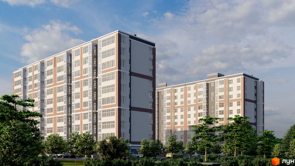 Зовнішній вигляд новобудови ЖК Центр з фасадами світло-сірого та рожевого кольору, вікнами та скляними балконами. Навколо зелені дерева та автомобілі.