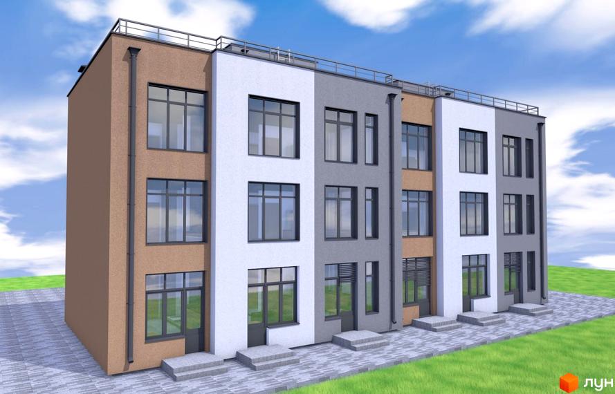 Зовнішній вигляд будинку ЖК Сосновий з різнокольоровими фасадами, великими вікнами та прибудинковою територією з газоном та бруківкою.