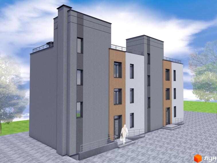 Зображення сторінки Будівельний проєкт Сосновий. На фото зображено будівлю з кількома секціями, з вікнами та вхідними дверима. Перед будівлею викладена плитка, є сходи та невеличкий майданчик.