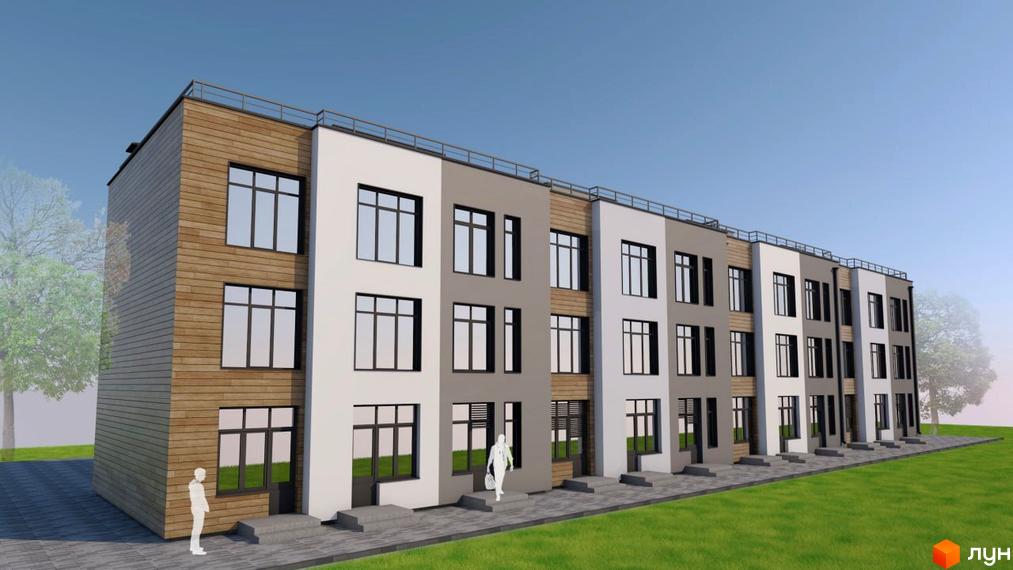 Зображення сторінки житлового комплексу Сосновий. Багатоповерховий будинок з великими вікнами та терасою на даху, перед будинком газон та доріжки.