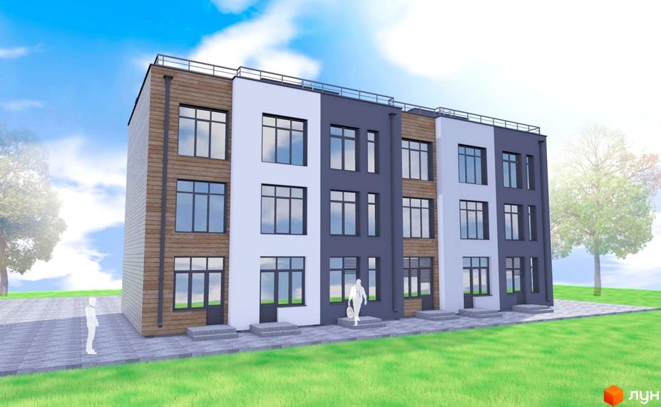 Зовнішній вигляд новобудови ЖК Сосновий з дерев'яними та сірими фасадами, великими вікнами та доглянутою прибудинковою територією з газоном та бруківкою.