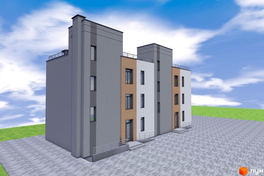 Зовнішній вигляд комплексу Сосновий з сірими та бежевими фасадами, вікнами та дверима, що виходить на вимощену прибудинкову територію.