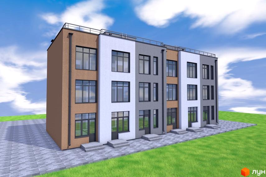 Зовнішній вигляд новобудови ЖК Сосновий: багатоквартирний будинок з різнокольоровими фасадами та вікнами. Прибудинкова територія з бруківкою та зеленою травою.