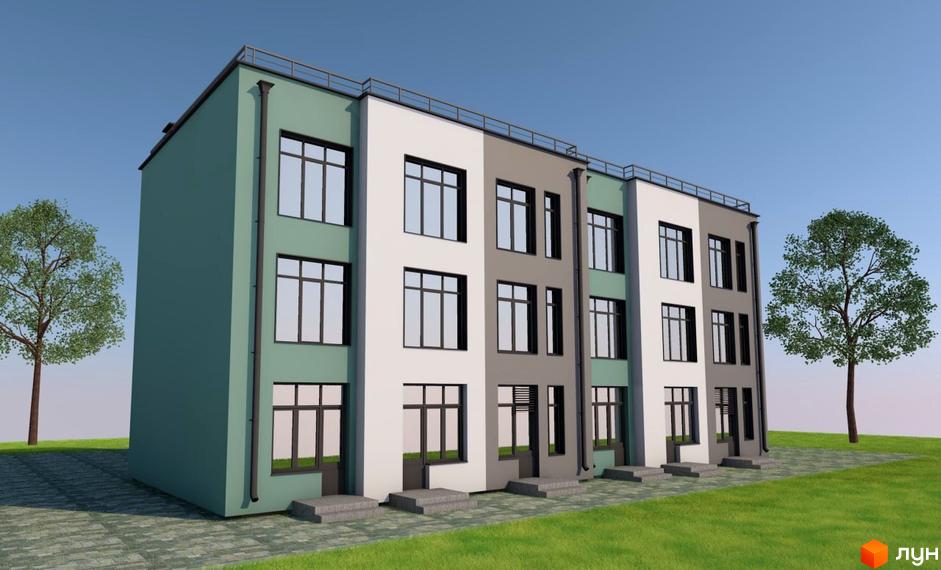 Триповерховий будинок з великими вікнами, пофарбований у білий, сірий та зелений кольори. Перед будинком газон та доріжка з плитки.