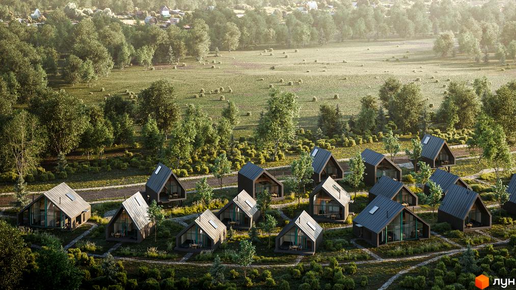Котеджний комплекс Lehit - wellness village. Дерев'яні будинки з панорамними вікнами на тлі зеленої території з деревами та газонами.