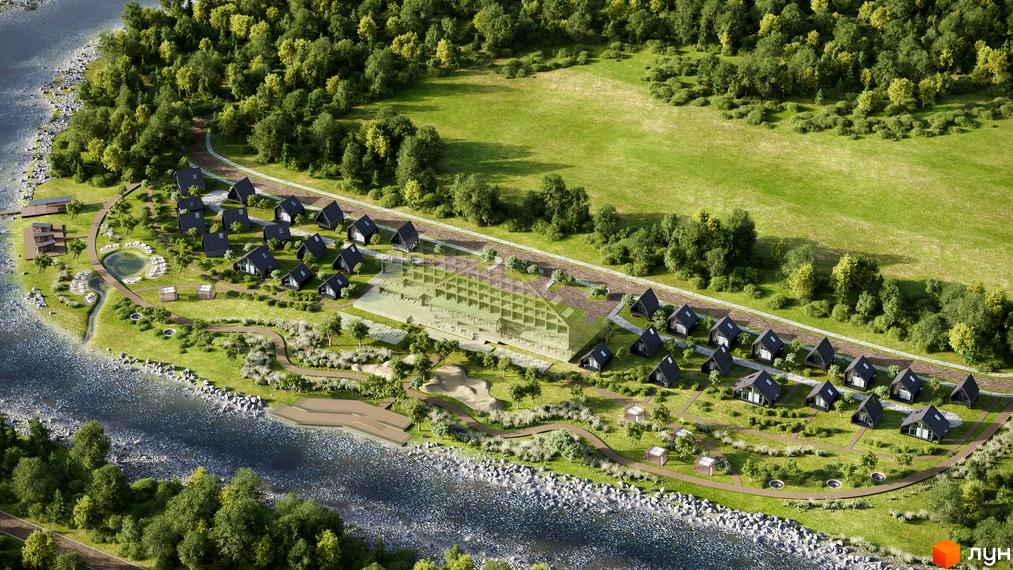 Котеджне містечко КМ Lehit - wellness village з чорними трикутними будинками, розташоване біля річки на фоні зеленого лісу та поля.