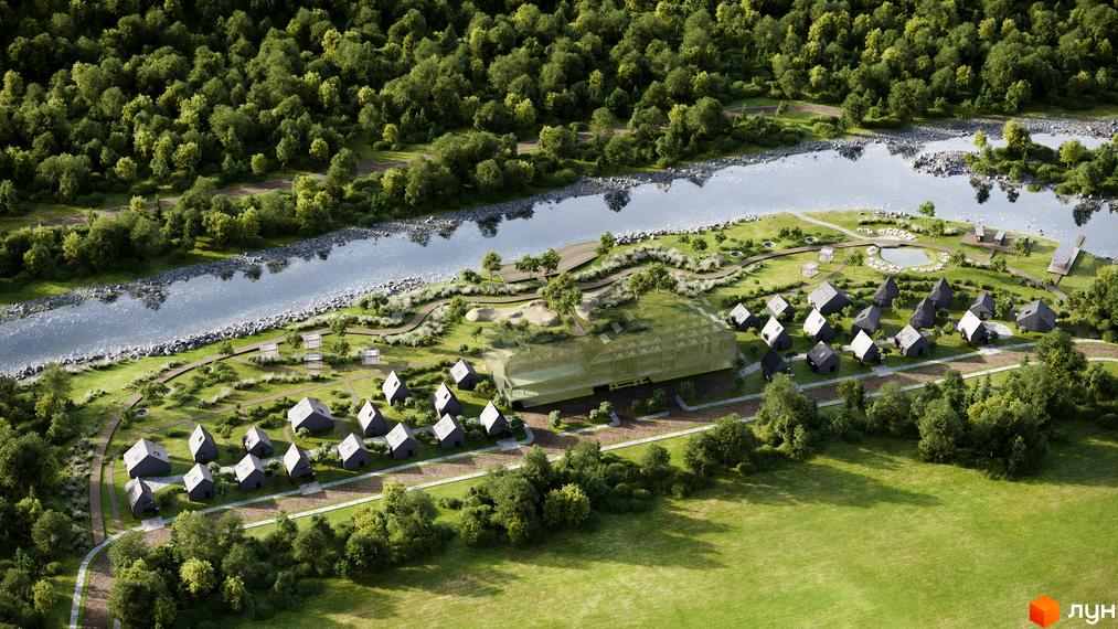 Зображення сторінки КМ Lehit - wellness village. Маленькі будинки з сірими дахами розташовані серед зелені, поруч з річкою.