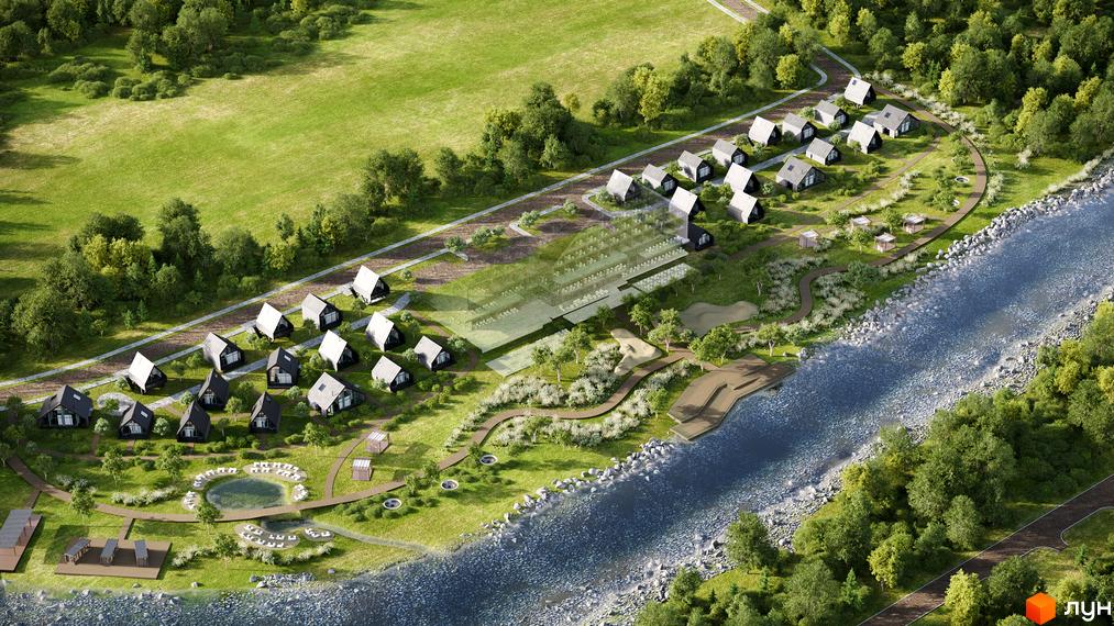 Візуалізація Котеджного комплексу Lehit - wellness village. На зображенні представлені котеджі з темними фасадами та світлими дахами, розташовані біля річки.