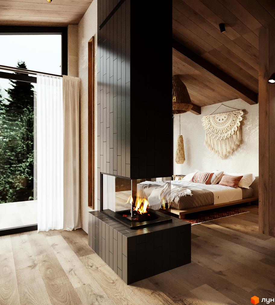 Затишна спальня з каміном у житловому комплексі Lehit - wellness village. Велике вікно з видом на зелені дерева та дерев'яна підлога створюють атмосферу спокою.