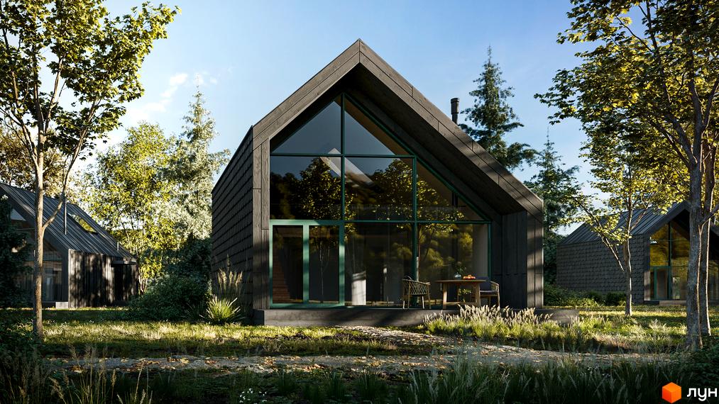 Будинок з великими вікнами в котеджному містечку Lehit - wellness village. Навколо будинку багато зелені та дерев, що створює атмосферу спокою.