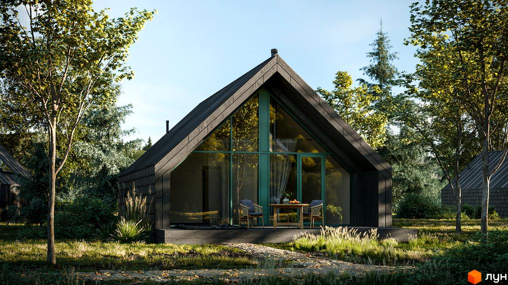 Котеджне містечко Lehit - wellness village. Зовнішній вигляд будинку з великими вікнами та дерев'яною обшивкою, оточений зеленню та деревами.