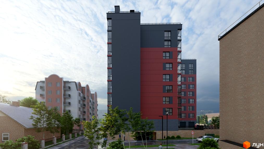 Зовнішній вигляд новобудови ЖК на Стецька з червоними та сірими фасадами, вікнами та балконами. Навколо будинку зелені насадження та доглянута прибудинкова територія.