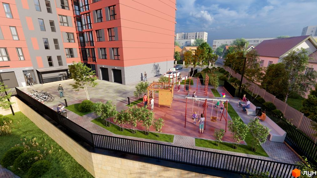 Житловий комплекс на Стецька з червоною будівлею та дитячим майданчиком у дворі. На території є лавки для відпочинку та місця для паркування.