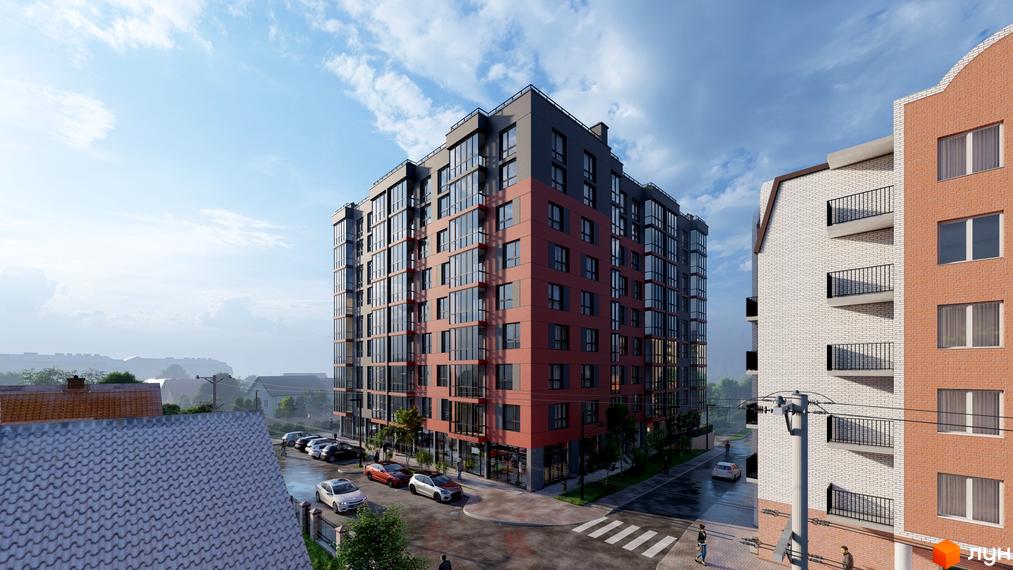 Висотна новобудова ЖК на Стецька з панорамними вікнами та фасадом у відтінках червоного та сірого кольорів. На прибудинковій території розташовані паркувальні місця та зелені насадження.