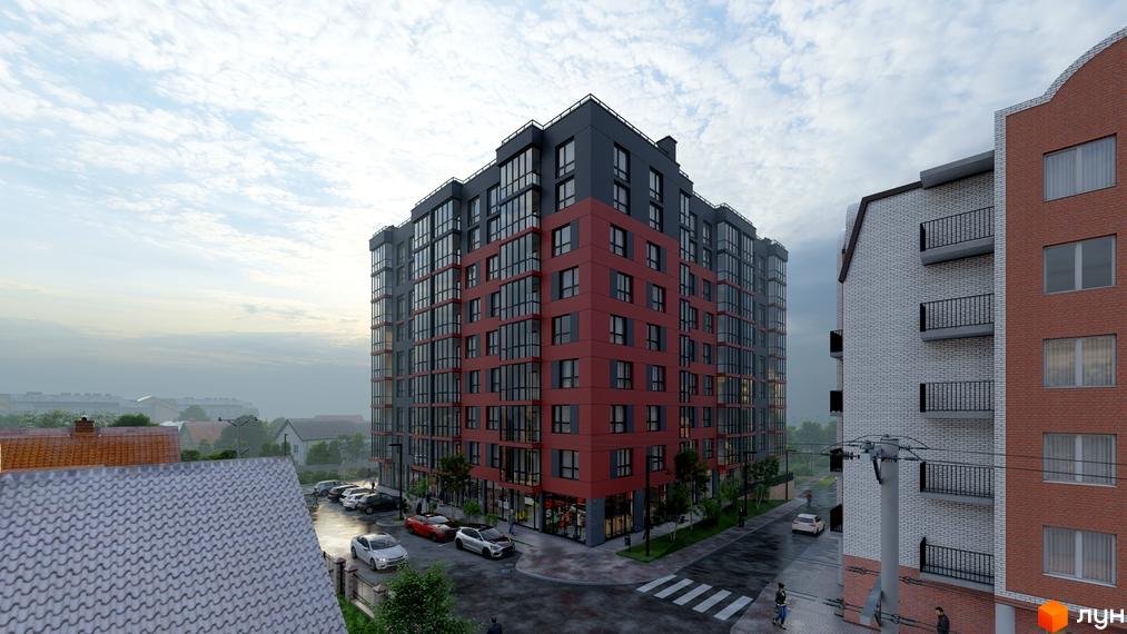 Житловий комплекс на Стецька – це багатоповерхова новобудова з червоно-сірим фасадом та великими вікнами. Навколо комплексу розташовані прибудинкова територія з деревами та припаркованими автомобілями.