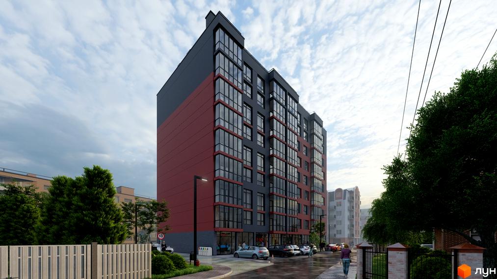 Зовнішній вигляд новобудови ЖК на Стецька з червоно-сірим фасадом та великими вікнами. Навколо будинку розташовані дерева та парковка.