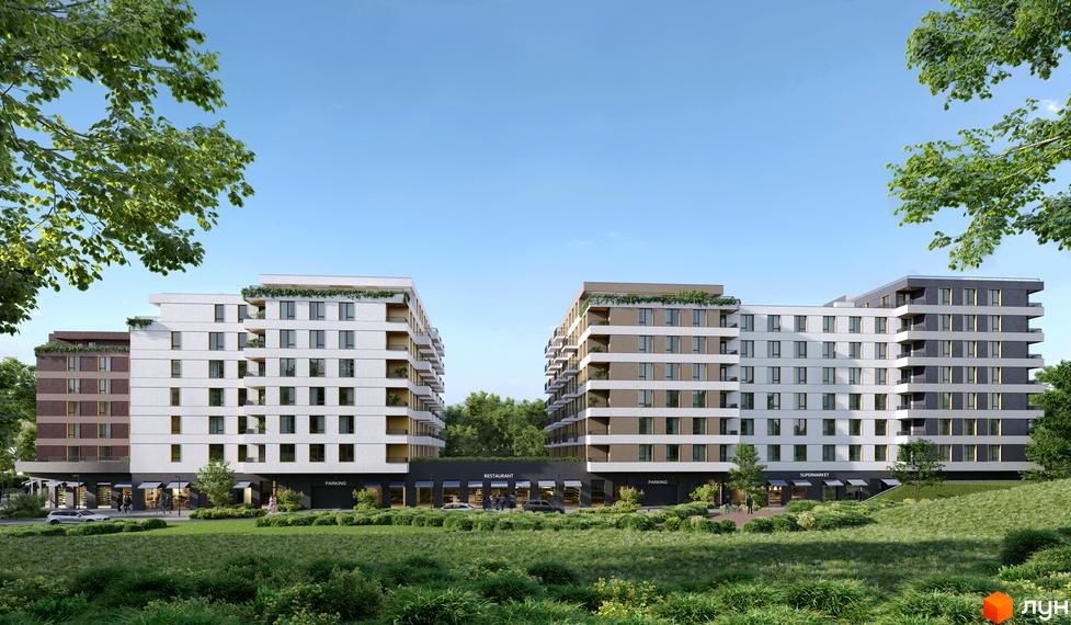 Зовнішній вигляд житлового комплексу MHouse з фасадами білого та коричневого кольорів, з балконами та зеленню на даху. Навколо комплексу розташована доглянута прибудинкова територія з травою та деревами.