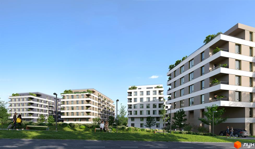 Зображення фасаду житлового комплексу MHouse з великими вікнами та балконами. Навколо новобудови зелена прибудинкова територія з лавками.