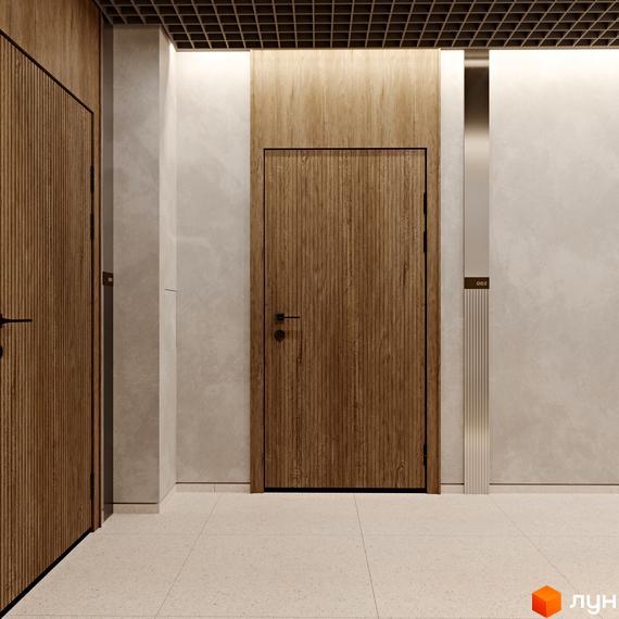 Житловий комплекс PRAUD comfort. Сучасний дизайн вхідної групи з дерев'яними дверима та освітленням.