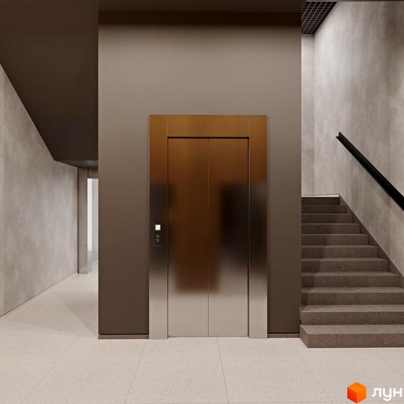 Сучасний вхід до житлового комплексу PRAUD comfort з ліфтом та сходами. Елегантний дизайн холу новобудови.