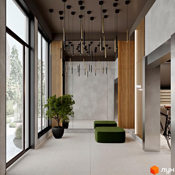 Інтер'єр лобі житлового комплексу PRAUD comfort з великими вікнами, зеленими лавами та рослиною в горщику. Зовнішній вигляд комплексу з сучасними елементами.