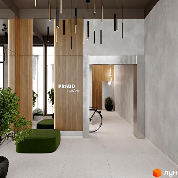 Інтер'єр житлового комплексу PRAUD comfort з дерев'яними панелями та зеленими меблями. Сучасна новобудова з стильним дизайном.