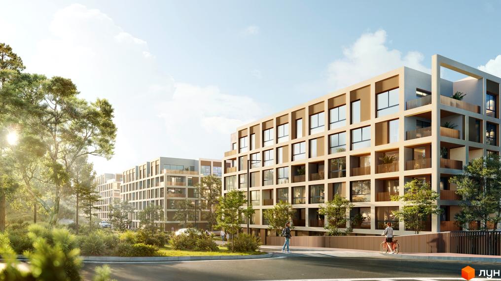 Житловий комплекс SOUL PARK: світлі будинки з великими вікнами та балконами, зелені насадження навколо, пішохідна зона та дорога.