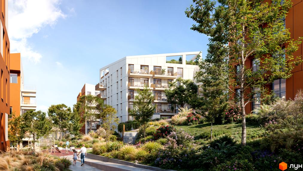 Білосніжний будинок ЖК SOUL PARK з терасами та балконами, поруч зелена прибудинкова територія з рослинами та дитячим майданчиком.