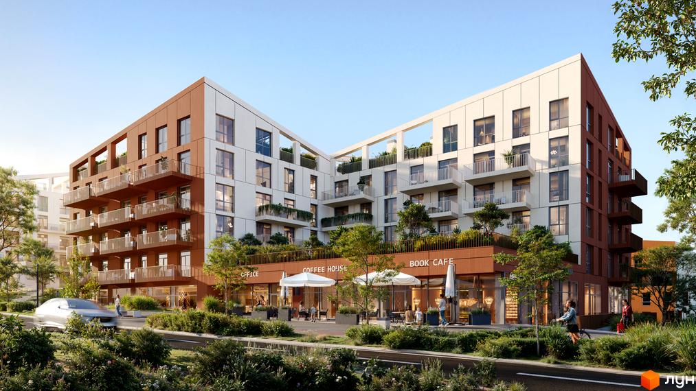 Житловий комплекс SOUL PARK - це сучасна новобудова з білими та коричневими фасадами, балконами та зеленою прибудинковою територією. На першому поверсі розташовані комерційні приміщення з літніми терасами.